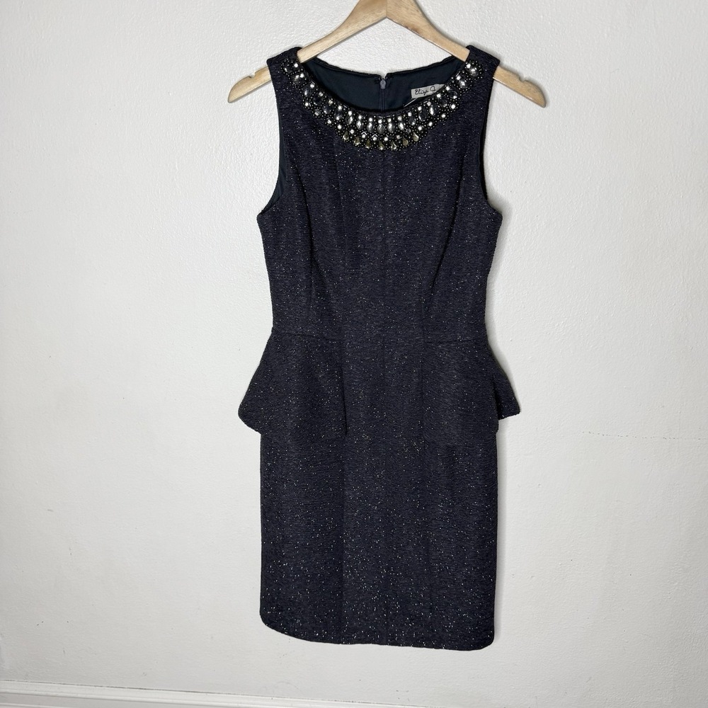 Eliza J Black Glitter Knit Sheath Peplum Dress Embellished Jewel‎ Women's 6